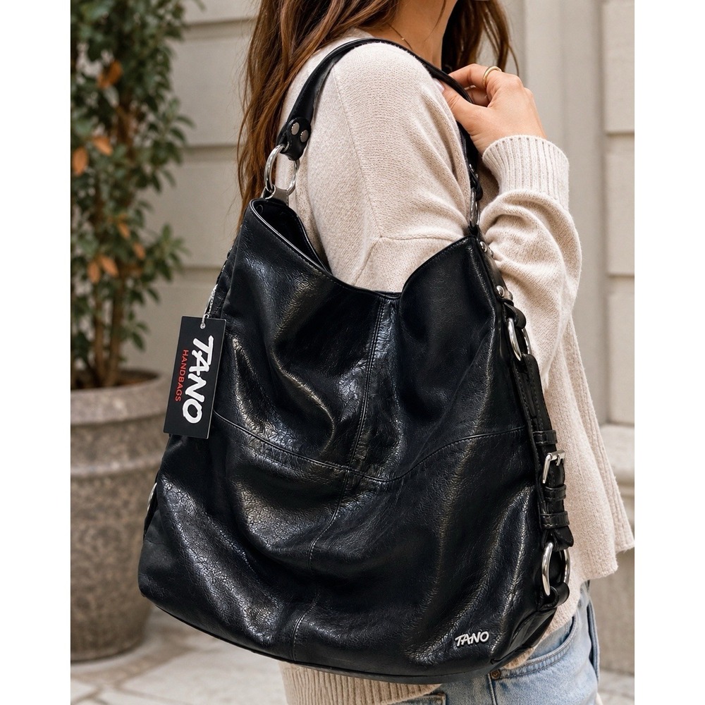 TANO Black Leather Hobo Shoulder Bag Purple Lining Studded Hardware